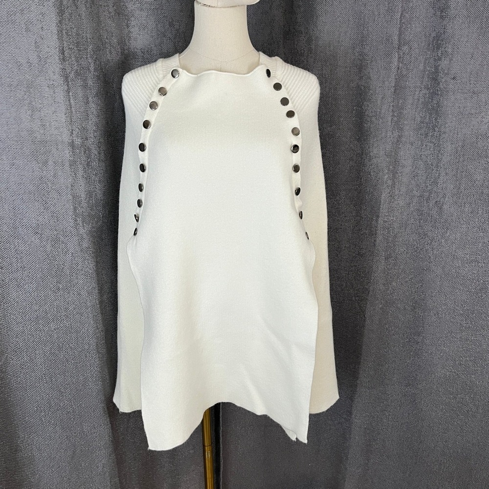 Anthropologie Luii Women's Sz L Evelyn Poncho Ribbed Cloak Silver Studded Ivory